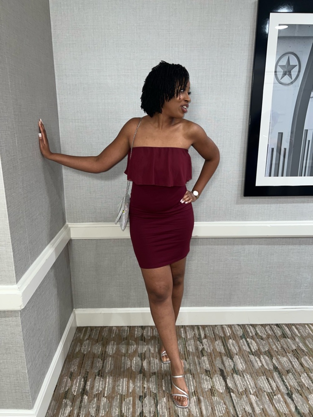 Strapless Off-Shoulder Sheath Dress in Burgundy